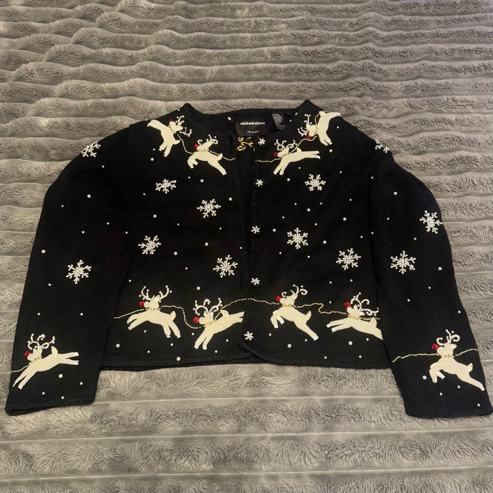 Vintage Michael Simon Beaded Christmas Cardigan Reindeer and Santa Womens XL